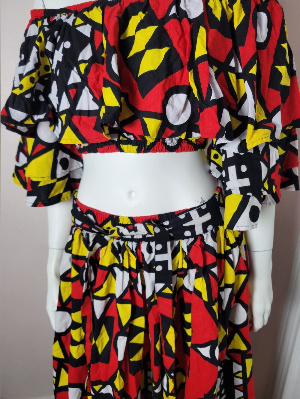 SATSUMA African Print 2 Piece Set Off-Shoulder Crop Top & Maxi Skirt Cotton -(M) - Picture 2 of 8
